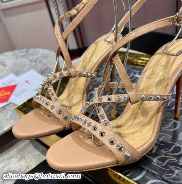 1:1 Christian Louboutin Tatoosh Spikes Sandals 10cm in Lambskin with Cross Strap Nude 1011023