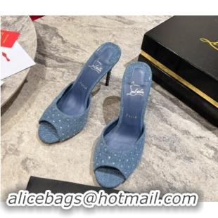 Best Price Christian Louboutin Me Dolly Plum High Heel Slides Sandals 10cm in Denim and Strass Blue 011030