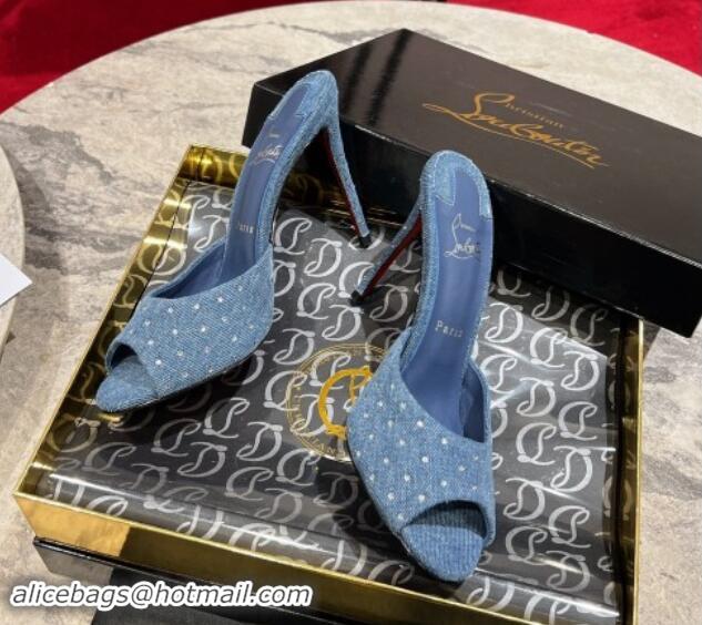 Best Price Christian Louboutin Me Dolly Plum High Heel Slides Sandals 10cm in Denim and Strass Blue 011030