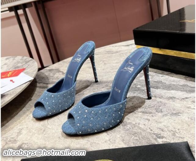 Best Price Christian Louboutin Me Dolly Plum High Heel Slides Sandals 10cm in Denim and Strass Blue 011030