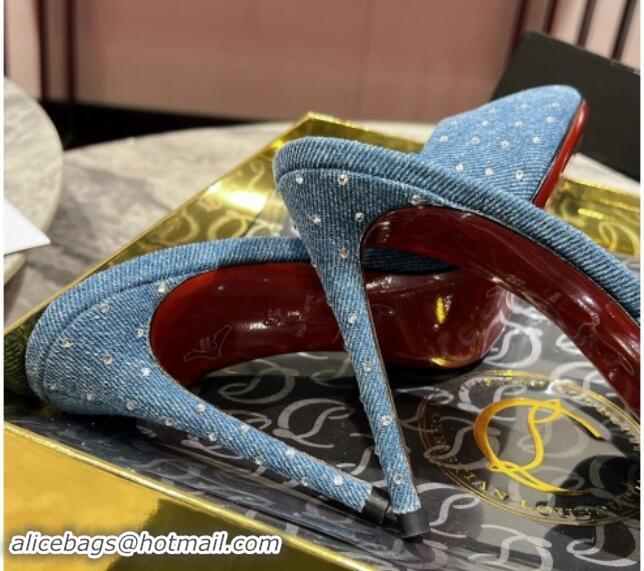 Best Price Christian Louboutin Me Dolly Plum High Heel Slides Sandals 10cm in Denim and Strass Blue 011030