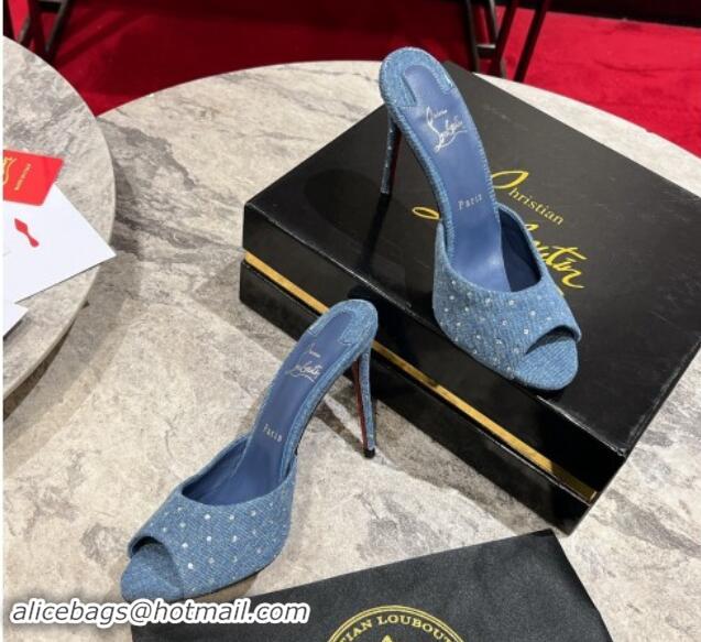 Best Price Christian Louboutin Me Dolly Plum High Heel Slides Sandals 10cm in Denim and Strass Blue 011030