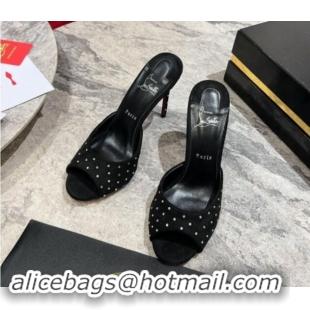 Good Quality Christian Louboutin Me Dolly Plum High Heel Slides Sandals 10cm in Denim and Strass Black 011031