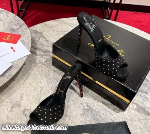 Good Quality Christian Louboutin Me Dolly Plum High Heel Slides Sandals 10cm in Denim and Strass Black 011031