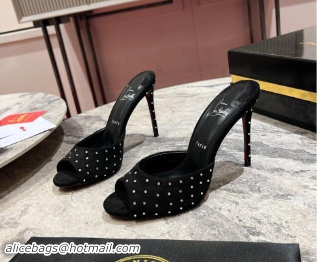 Good Quality Christian Louboutin Me Dolly Plum High Heel Slides Sandals 10cm in Denim and Strass Black 011031