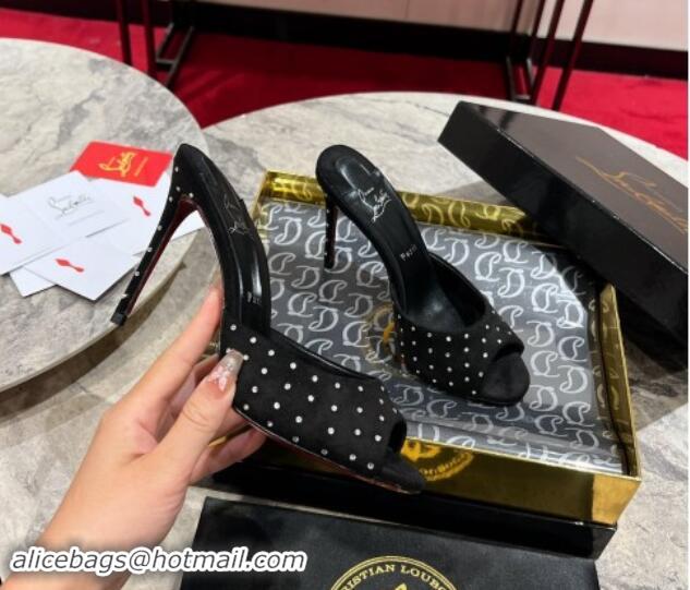 Good Quality Christian Louboutin Me Dolly Plum High Heel Slides Sandals 10cm in Denim and Strass Black 011031