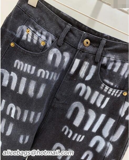 Top Quality Miu Miu Denim Jeans Pants with Miu Print 1108 Black 2024