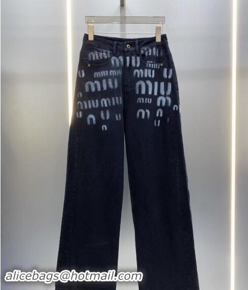 Top Quality Miu Miu Denim Jeans Pants with Miu Print 1108 Black 2024