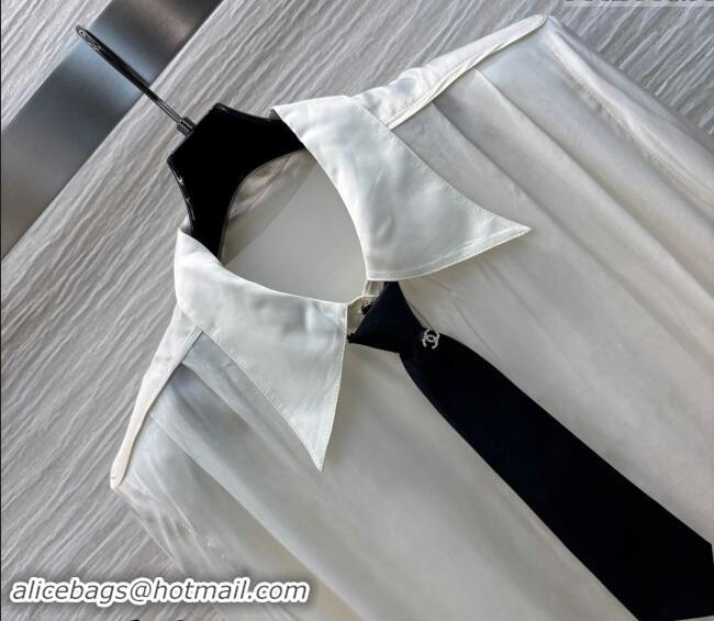 Well Crafted Chanel Satin Shirt with Tie 1108 White 2024