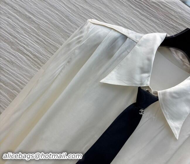 Well Crafted Chanel Satin Shirt with Tie 1108 White 2024