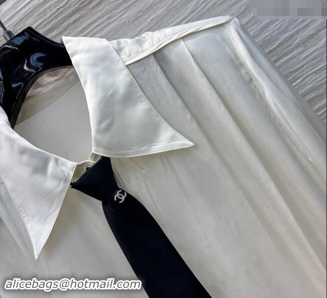 Well Crafted Chanel Satin Shirt with Tie 1108 White 2024