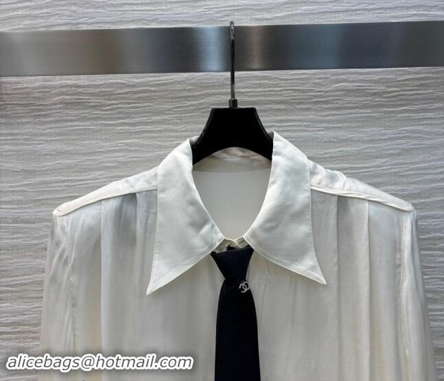 Well Crafted Chanel Satin Shirt with Tie 1108 White 2024