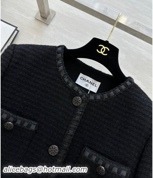 New Design Chanel Wool Tweed Jacket with Leather Trim 1108 Black 2024