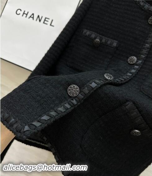 New Design Chanel Wool Tweed Jacket with Leather Trim 1108 Black 2024