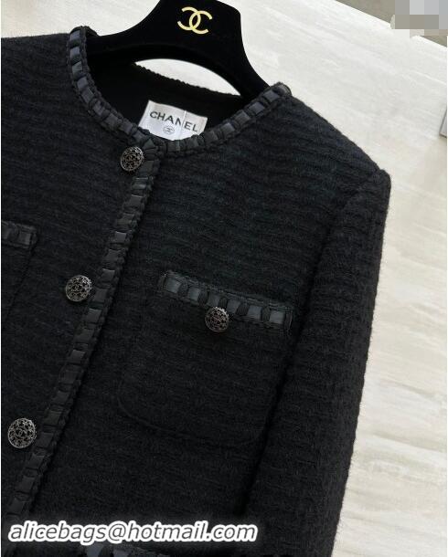 New Design Chanel Wool Tweed Jacket with Leather Trim 1108 Black 2024