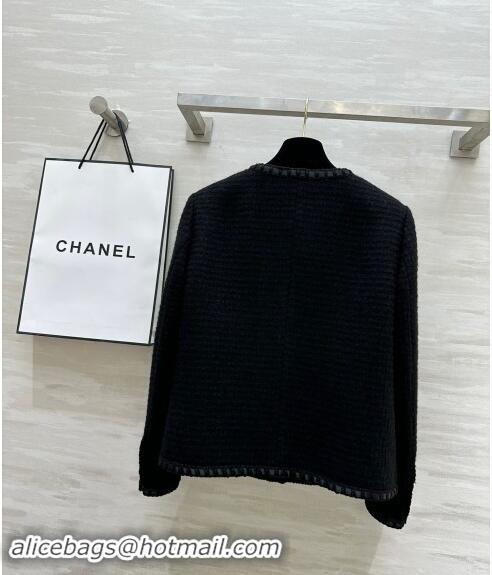 New Design Chanel Wool Tweed Jacket with Leather Trim 1108 Black 2024