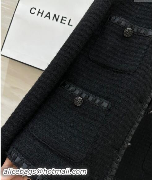 New Design Chanel Wool Tweed Jacket with Leather Trim 1108 Black 2024