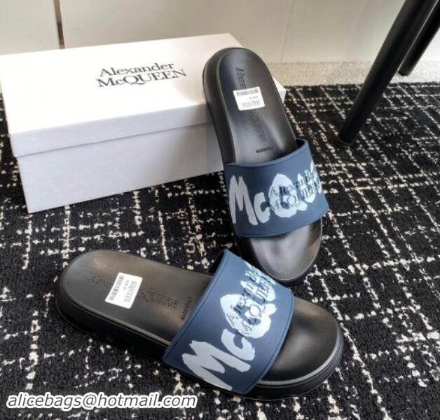 Low Price Alexander McQueen TPU Slide Sandals with Signature Print Blue 430114