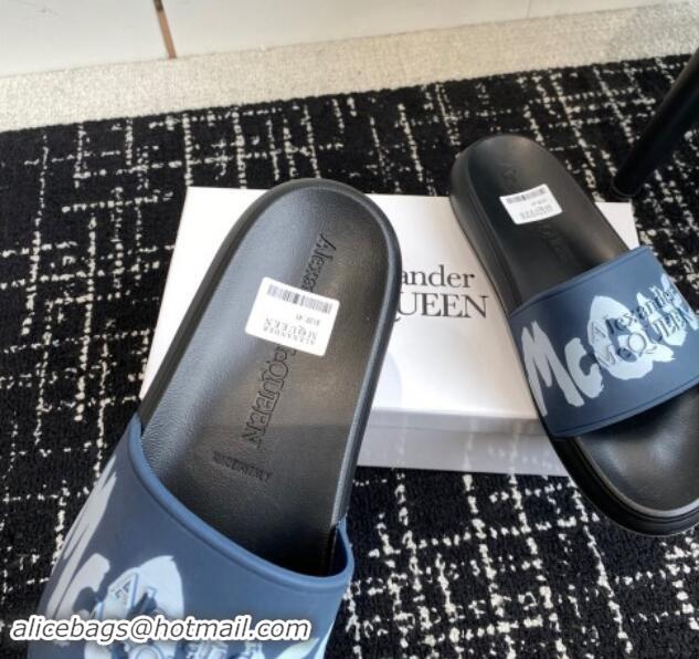 Low Price Alexander McQueen TPU Slide Sandals with Signature Print Blue 430114