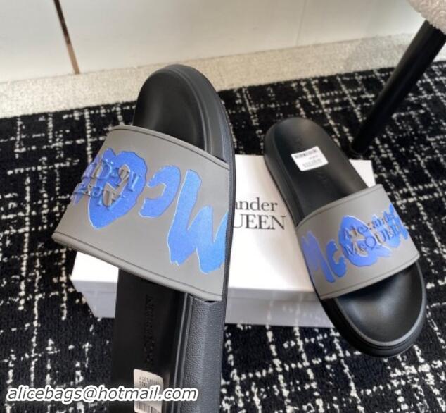 Unique Style Alexander McQueen TPU Slide Sandals with Signature Print Grey 430115