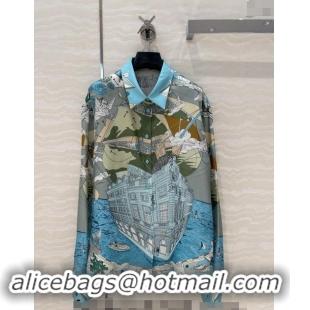 Big Discount Hermes Printed Silk Shirt 1108 Blue/Grey 2024