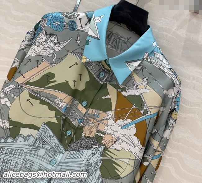 Big Discount Hermes Printed Silk Shirt 1108 Blue/Grey 2024