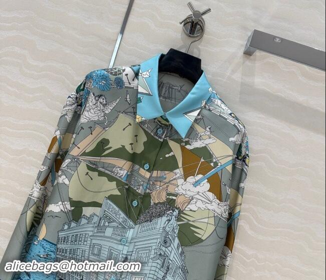 Big Discount Hermes Printed Silk Shirt 1108 Blue/Grey 2024