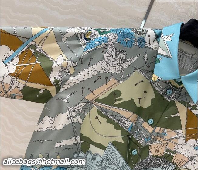 Big Discount Hermes Printed Silk Shirt 1108 Blue/Grey 2024