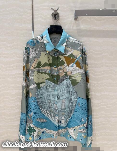 Big Discount Hermes Printed Silk Shirt 1108 Blue/Grey 2024