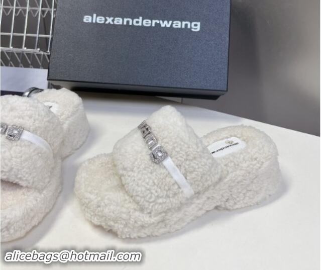 Sumptuous Alexander Wang Wool Platform Slides Sandal 5cm with Logo Band White/Strass 4081011