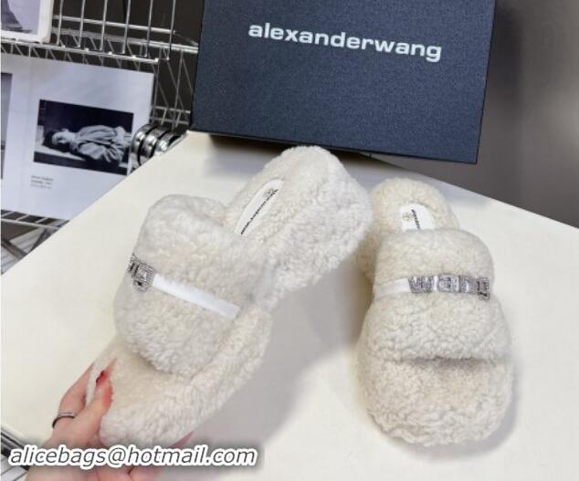 Sumptuous Alexander Wang Wool Platform Slides Sandal 5cm with Logo Band White/Strass 4081011