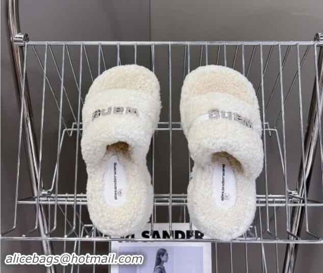 Sumptuous Alexander Wang Wool Platform Slides Sandal 5cm with Logo Band White/Strass 4081011