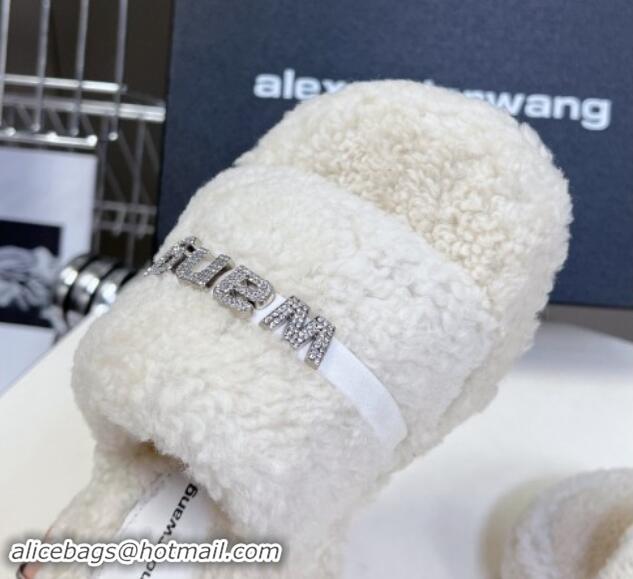 Sumptuous Alexander Wang Wool Platform Slides Sandal 5cm with Logo Band White/Strass 4081011