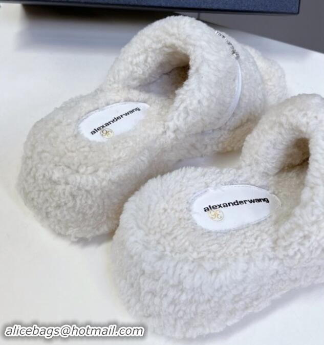 Sumptuous Alexander Wang Wool Platform Slides Sandal 5cm with Logo Band White/Strass 4081011