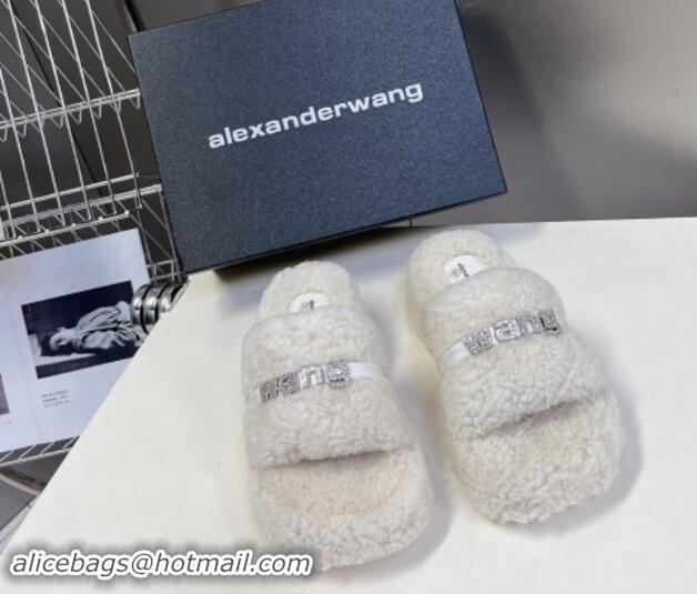 Sumptuous Alexander Wang Wool Platform Slides Sandal 5cm with Logo Band White/Strass 4081011