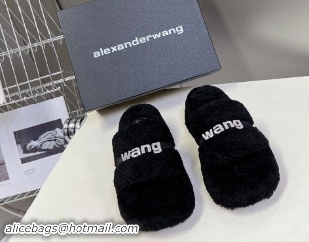 Best Price Alexander Wang Wool Platform Slides Sandal 5cm with Logo Band Black/Strass 4081010