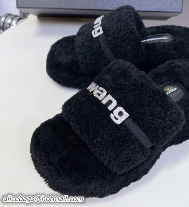 Best Price Alexander Wang Wool Platform Slides Sandal 5cm with Logo Band Black/Strass 4081010