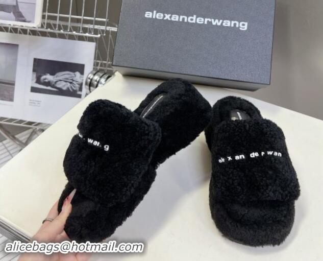 Good Quality Alexander Wang Wool Platform Slides Sandal 5cm with Logo Band Black 081012