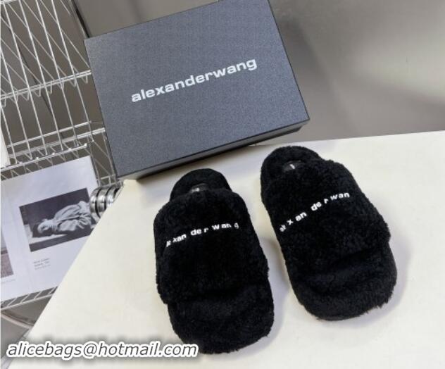 Good Quality Alexander Wang Wool Platform Slides Sandal 5cm with Logo Band Black 081012