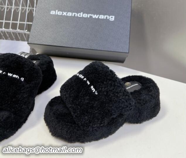 Good Quality Alexander Wang Wool Platform Slides Sandal 5cm with Logo Band Black 081012