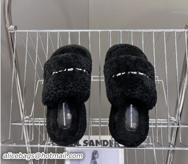 Good Quality Alexander Wang Wool Platform Slides Sandal 5cm with Logo Band Black 081012