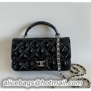 Unique Grade Chanel Patent Calfskin Flap Phone Holder with Chain AP3226 Black 2024