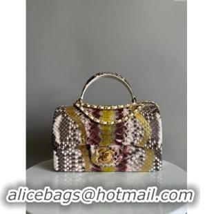 Best Price Chanel Mini Classic Flap Bag with Top Handle in Pythonskin Leather AS2431 Gold/Grey/Burgundy 2024