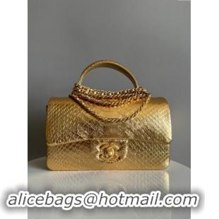 Shop Best Chanel Mini Classic Flap Bag with Top Handle in Pythonskin Leather AS2431 Yellow Gold 2024