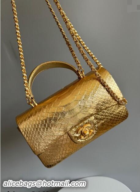 Shop Best Chanel Mini Classic Flap Bag with Top Handle in Pythonskin Leather AS2431 Yellow Gold 2024