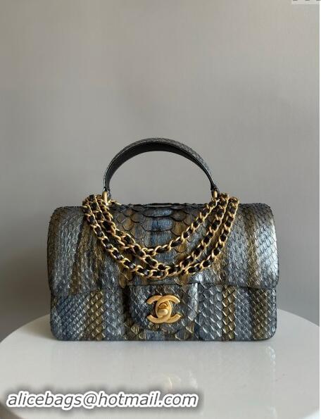 Best Price Chanel Mini Classic Flap Bag with Top Handle in Pythonskin Leather AS2431 Silver/Gold 2024