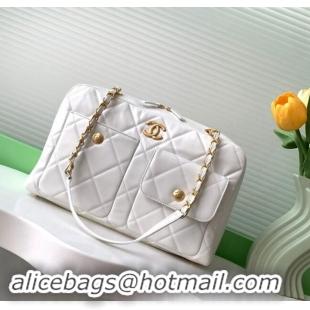 Famous Brand Chanel Shiny Calfskin Large Bowling Bag with Pockets AS4933 White 2024