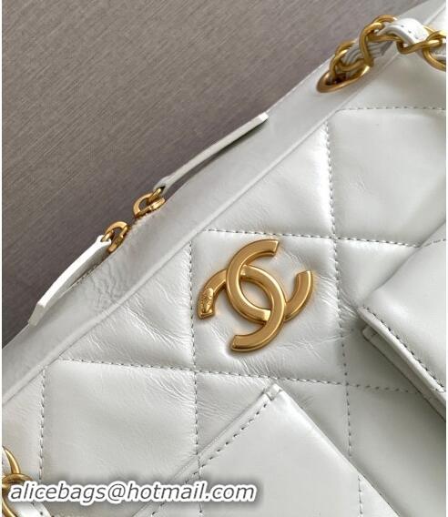 Famous Brand Chanel Shiny Calfskin Large Bowling Bag with Pockets AS4933 White 2024