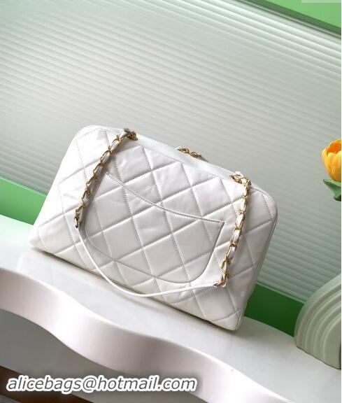 Famous Brand Chanel Shiny Calfskin Large Bowling Bag with Pockets AS4933 White 2024