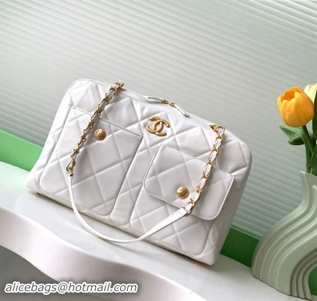 Famous Brand Chanel Shiny Calfskin Large Bowling Bag with Pockets AS4933 White 2024